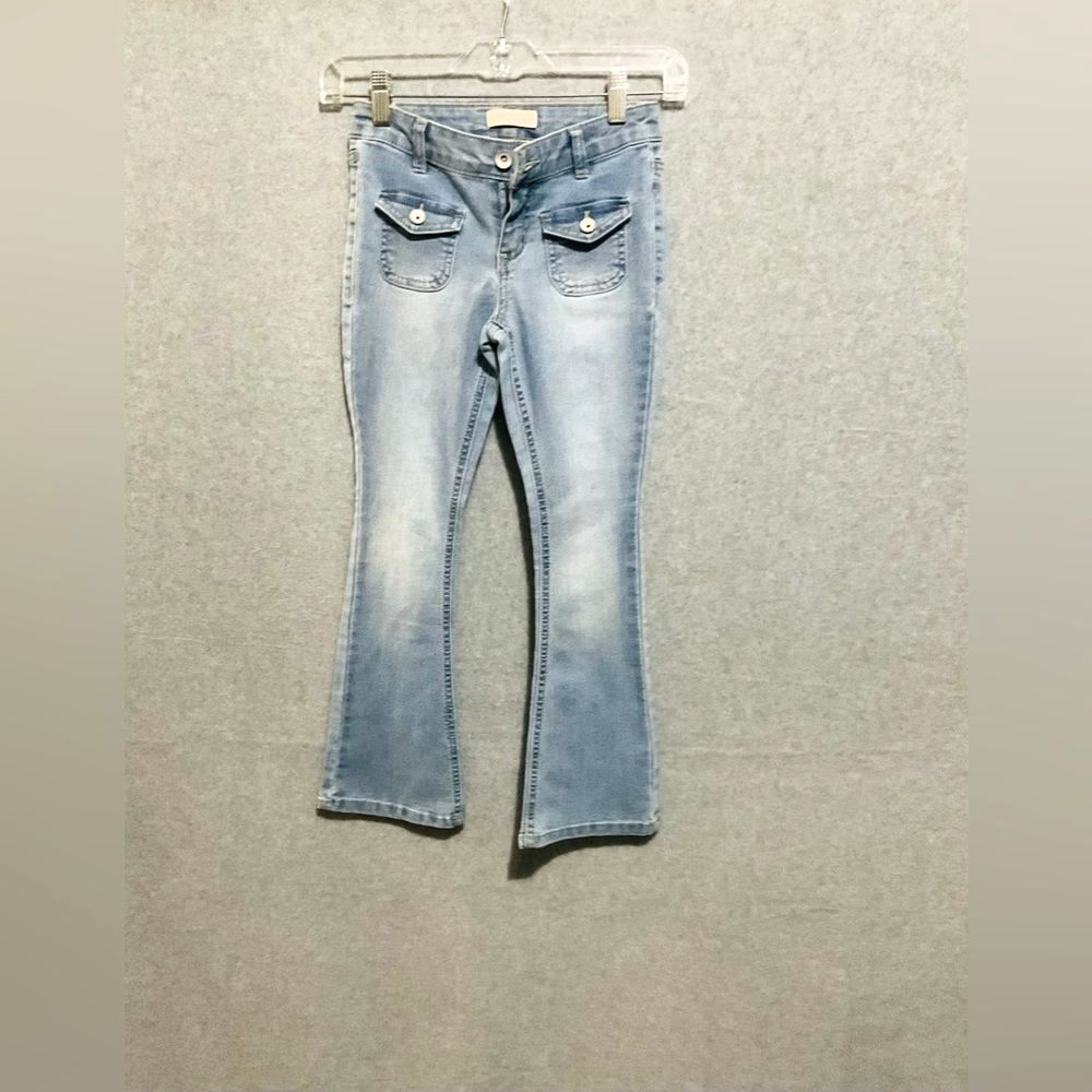 Squeeze Girls Size 7 Light Wash Flare Jeans Y2K Retro Front Flap Pocket Denim